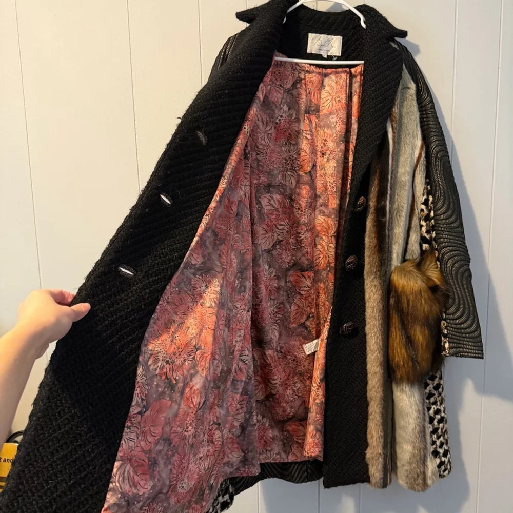 Byron Lars Beauty Mark Faux Fur Patchwork Coat – Leopard & Textured Panels Sz 6